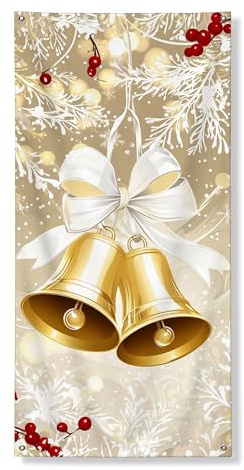 Elegante pancarta de Navidad para puerta, campanas doradas y hojas de acebo, decoración navideña, telón de fondo festivo para interiores y exteriores para celebración de invierno, 36 x 72 pulgadas