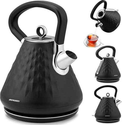 Berdsen Wasserkocher - 1,7 L - Wasserkessel Retro Vintage - mit Anti-Kalk Filter - Trockenlaufschutz - 360°-Basis - Schwarz