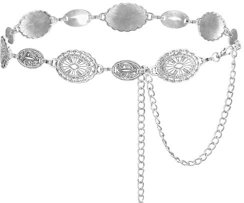 HIVTE Dam bälte i westernstil, Concho metall midjekedja, accessoar för klänningar & byxor, silver spänne, längd 150 cm