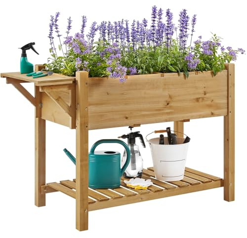 Yaheetech Blomlåda med vikbar bordsskiva, planteringslåda med 8 delade fack, upphöjd rabatt för trädgård/bakgård/veranda, örtbädd odlingssäng för plantering (ljusbrun)