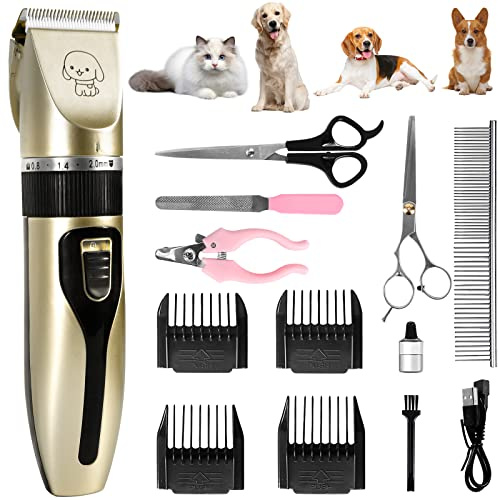 JUQG Tondeuse Chien Professionnelle, 13 Pcs Tondeuse Chien, Lames en Céramique Amovibles et Lavables, Faible Bruit Rechargeable Electrique Tondeuse pour Chien et Chat Dog Clipper Kit (Doré)