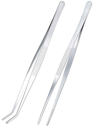 Kitchen Tweezers Tongs 2pcs, 30cm/11.81in Extra-Long Stainless Steel Metal Heavy Duty Cooking Tweezers for Grabbing Serving Food BBQ Barbecue Grills Chefs(Elbows and Straight)