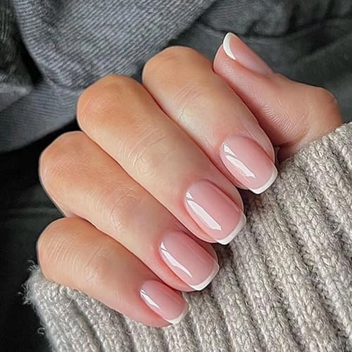24 Stück French Press on Nails- Glänzend Künstliche Fingernägel Kurz, Nägel zum Aufkleben mit Klebepads, Natürlich Press on Nails Full Cover Kunstnägel zum Aufkleben (Weißes Französisch, 24PCS)