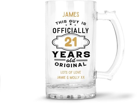 21st Birthday Gift for Him - Personalised 21st Birthday Glass Beer Mug Tankard Stein, This Guy is Officially 21 Years Old, 0.8 Pint, Dishwasher Safe (Print with Handle on Right, No Gift Box)