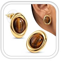 Dochais Boucles d'Oreilles Femme Or Chunky Hypoallergéniques Boucles d'Oreilles Oeil de Tigre Pierres Naturelles Grosse Vintage Boucle d'Oreille Plaqué Or 14 Carats Fantaisie Bijoux Cadeau Marron