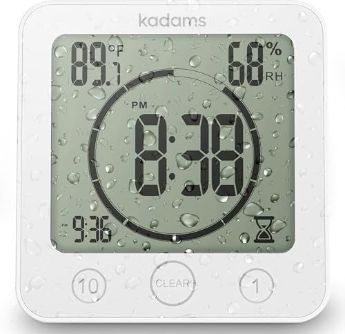 KADAMS Digital Bathroom Shower Kitchen Clock Timer with Alarm, Waterproof for Water Splashes, Visual Countdown Timer, Time Management Tool, Indoor Temperature Humidity, Suction Cup, Hole Stand - White