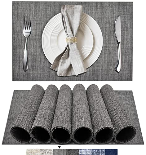 BETEAM Placemats Set of 6 Woven Vinyl Placemat for Dining Table Washable Wipeable Kitchen Place Mats Durable Indoor Outdoor Table Mats -01 Grey, 6 Pcs