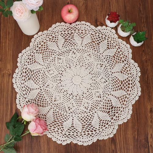 kilofly Handmade Crochet Cotton Lace Table Sofa Doily, Waterlily, Beige, 22 inch