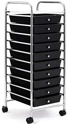 COSTWAY Rollwagen mit 10 stapelbaren Schubladen (Schwarz) | Rollcontainer mit Metallgestell & abschließbaren Universalrollen, Badrollwagen Beistellwagen für Zuhause, Büro
