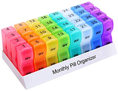 Tablettenbox 1 Monat, Tabletten Organizer mit 32 Fächern, Pillenbox Morgens Abends, Pillendose 64 Fächer für Medikamente Vitamine Fischöl Nahrungsergänzungsmittel- Inklusive Grauem Plüschbeutel