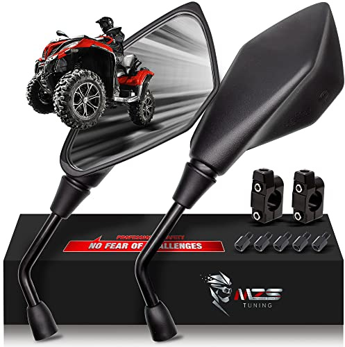 MZS Motorcycle Mirrors 10mm 8mm, Universal ATV Rearview Mirror with CNC Handlebar Mount Rear View Side Mirror Black Compatible Motorbike Dirt Street Bike Adventure Quad Snowmobile Scooter Moped