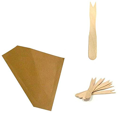 PZ 100 CONI PORTA FRITTI PATATINE PANINO HAMBURGER + PZ 1000 FORCHETTINE IN LEGNO 8,5 CM