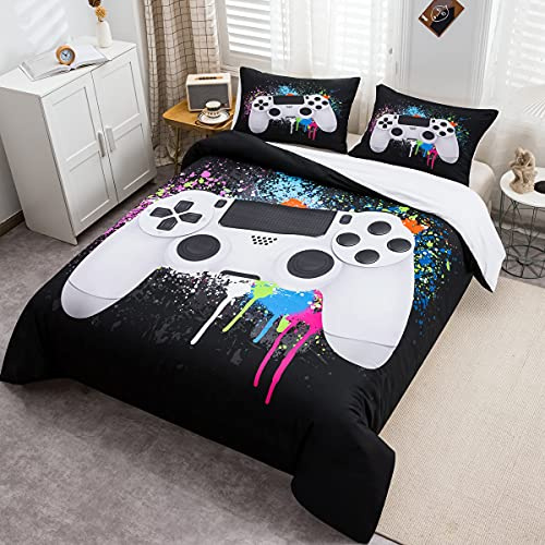 Tbrand Gamepad Bettbezug Set Jungen Gamer Bettwäsche Set 155x220cm Weißes Videospiel Gamepad Betten Set Für Jugendliche Kinder Schlafzimmer Dekor Bunte Krawattenfarbe Modern Game Controller