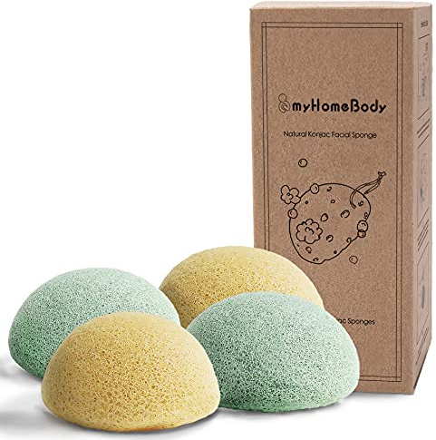 myHomeBody Natural Konjac Facial Sponges - for Gentle Face Cleansing and Exfoliation - with Turmeric Yellow and Aloe Vera, Set of 4