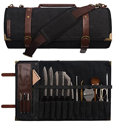 Manjushri Elegante custodia leggera per coltelli da chef in tela cerata e vera pelle, con 12 scomparti e 4 tasche con cerniera, marrone, 43 cm di larghezza x 78 cm di lunghezza, coltello da cuoco