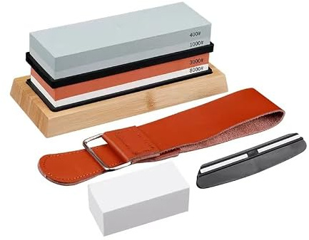 Knife Sharpening Stone Set Dual Grit Whetstone 400/1000 3000/8000 with Nonslip Bamboo Base, Angle Guide, Leather Strop, and Flattening Stone.