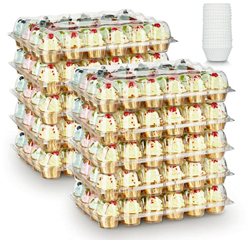 Gencywe (24 Pack x 10 Sets) Stackable Cupcake Carrier Holders with 240 Pack Cupcake Liners, Plastic Cupcake Boxes Holders for 24 Cupcakes, High Tall Dome Lid Cupcake Containers, Clear Cupcake Trays