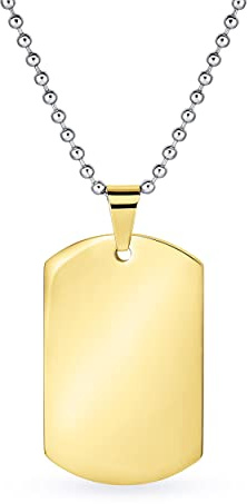 Bling Jewelry Engrave Personalized X-Large Plain Simple Basic Cool Men's Identification Military Army Dog Tag Pendant Necklace For Men Teens Polished Gold Plated Stainless Steel 24 Inch Ball Chain