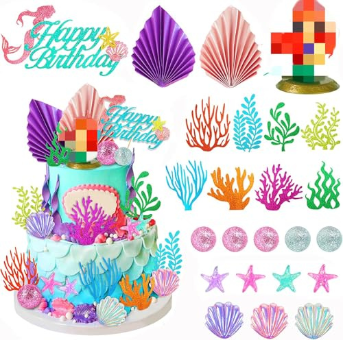 QXNDXQ 24 STK Meerjungfrau Kuchendeko,Tortendeko Meerjungfrau,Meerjungfrau Cake Topper,Kuchenaufsatz mit Ariel-Modell,Palmblättern,Meerestieren und Bällen,Aufsatz für Geburtstagsparty,Taufe