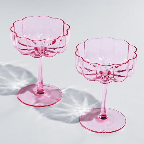 Khen Flower Champagne Glasses Set of 2 – Iridescent 7oz Floral Cocktail Coupes, Elegant Martini, Prosecco & Mimosa Glassware, Perfect for Weddings, Birthdays & Special Occasions (Pink)