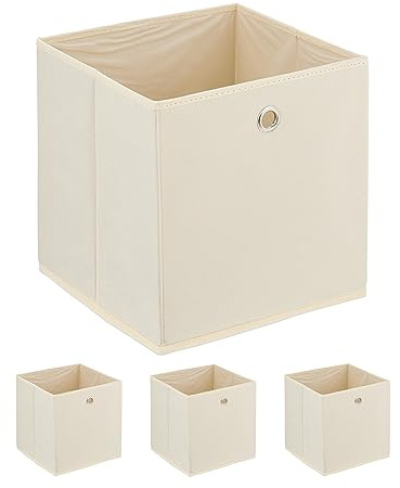 Relaxdays Scatola Portaoggetti, Set 4 Box da Scaffale, HLP 30 x 30 x 30 cm, Portagiochi Pieghevole, in Stoffa, Crema