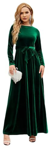 Women Velvet Christmas Dress A-Line Long Sleeve Round Neck Fall Winter Dress Elegant Wedding Party Cocktail Evening Dress with Belt Green M