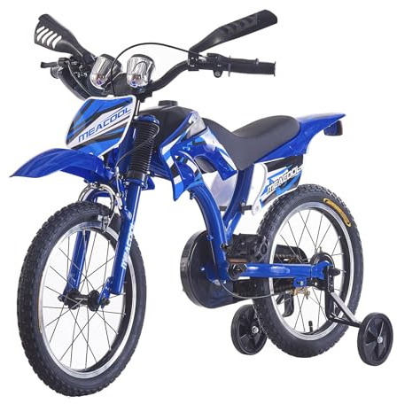 BSTSEL 16/18/20 Kids Bike Boys Motocross Bike Dazzling Motorcycle Bike Simulated Motorbike Sound Boys Bicycle Gift with Removable Stabilisers Wheels for Ages 4-12 Years Old (Blue, 16 inch Wheels)