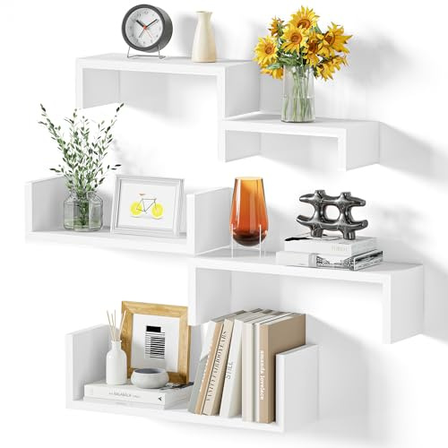 SRIWATANA Floating Shelves for Wall, Wall Shelves for Bathroom, Bedroom, Living Room, Kitchen, Office, Wood Shelves for Home Decor Set of 5 (Washed White)