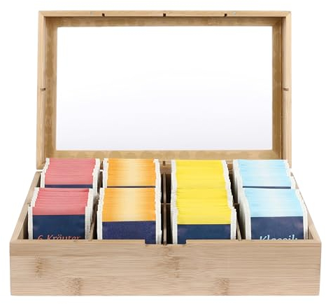 Van Henry Scatola da tè in bambù con 8 scomparti e finestrella – ideale per bustine di tè, caffè, spezie o come confezione regalo