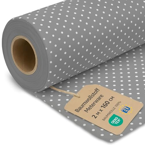 Stoff Meterware Baumwollstoff 2 M x 160 cm - Stoffe zum nähen aus reine baumwolle fabric futterstoff dekostoff für patchwork canvas und sewing nähstoff Oeko-Tex Hellgrau mit weißen Punkten