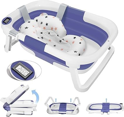 Joyeuse Planet – Bañera plegable para bebé con cojín de baño y termómetro integrado, ergonómico y ahorra espacio, regalo de nacimiento niña o niño, adecuado para bebés de 0 a 3 años (azul)