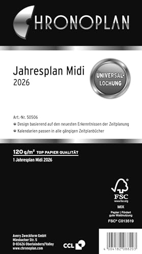 Chronoplan 50506 - Inserto per calendario 2026 (calendario annuale Midi (96 x 172 mm), per pianificazione annuale chiaro, 1 mese su 1 pagina apribile con piegatura Leporello), bianco