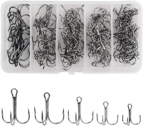 NTRUXZP Angelhaken,50 Stück Drillinge Angelhaken Set Drilling Haken Angeln mit Widerhaken Kohlenstoffstahl Angelhaken Gemischt Drillinge Größe 2/4/6/8/10 Drillingshaken für Süß- und Salzwasserfische