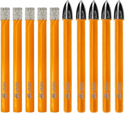 EXFEIN Punte diamantate – Kit di punte da trapano per piastrelle, 6 mm, 5 pezzi e punte da trapano in carburo da 6 mm, 5 pezzi, per forare ceramica, porcellana, piastrelle, marmo, granito muratura