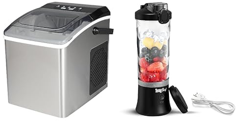 Koolatron Ice Maker Machine Countertop Ice Machine 26lbs in 24hrs Portable Ice Cube Maker Stainless Steel + Total Chef Portable Blender 600ml Personal USB Rechargeable Mini Blender with 6 Blades Black