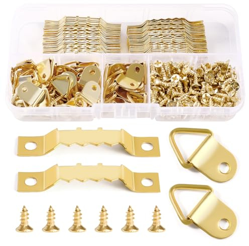 YIXISI 100 Pièces Kit de Crochet pour Cadre Photo, Crochets en Dents de Scie, Anneaux Triangulaires Cadre Photo Suspendus Crochets, avec 150 Pièces Vis, pour Cadre Photo Suspendre, Doré