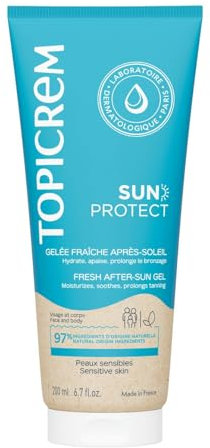 Topicrem - Sun Protect, Gelée Fraîche Après-Soleil Apaisante Visage et Corps - Hydrate 48h, Prolonge le Bronzage - Soin Solaire Peaux Sensibles - Aloé Vera et Karité - 200 ml