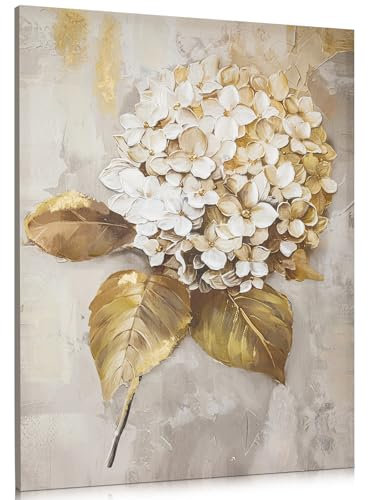 Hollyone Quadro su tela con fiori di grandi dimensioni, 75 x 100 cm, pittura a olio, per soggiorno, camera da letto, dipinta a mano, oro, ortensia, per hotel, cucina, ufficio, decorazione da parete