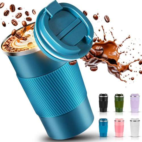 SENBSLAN Travel Mug,510ml Insulated Coffee Cup with Leakproof Lid,Non-Slip Coffee Travel Mugs for Hot Drinks,Double Walled Stainless Steel Thermal Cups for Hot Cold Drinks (Blue)