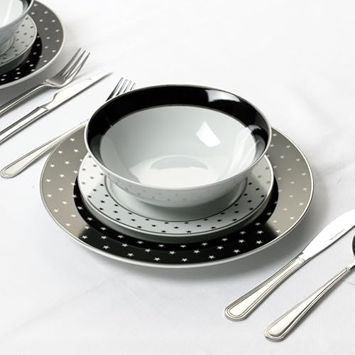 Waterside - 12pc Black Star Porcelain Dinner Set; 4 Dinner Plates, Side Plates and Soup Bowls