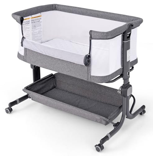 COSTWAY Cuna Colecho, Mini Cuna para Bebe con Altura Ajustable de 6 Niveles, Estante, Ruedas Bloqueables, Colchón y Bolsa de Transporte, Cuna Plegable (Gris Oscuro)