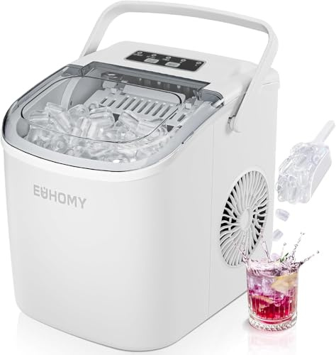 EUHOMY Máquina de hielo compacta para encimera, 9 cubitos de hielo en 6 minutos, 2 tamaños, autolimpieza, 12 kg/día, color blanco, incluye cuchara de hielo y cesta para el hogar, cocina, oficina, bar