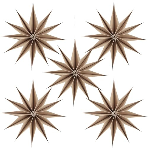 BestoFun 5 Stück Papiersterne Weihnachten 30cm Braun 12 Zacken Papiersterne Faltsterne mit Klettverschluss Aufhängen Natürliche Weihnachten Dekoration für Tischdeko Weihnachten Zimmer Hochzeit