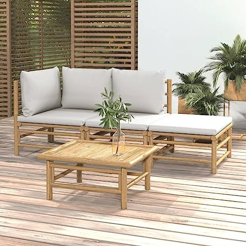 KATERYY 4-TLG. Garten-Lounge-Set mit Hellgrauen Kissen Bambus,Exklusives GartenLoungeSet aus Bambus: Bequemlichkeit und Stil für deinen Außenbereich
