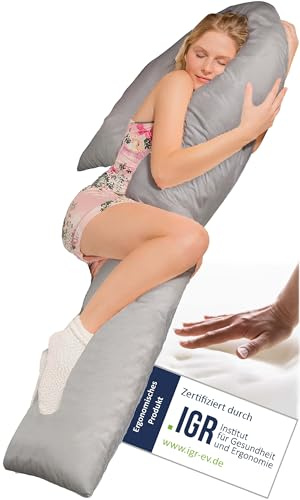 Traumreiter Seitenschläferkissen Visco J XL mit Bezug Grau, Memory Foam & Watte Hybrid Wendekissen. J Form Schwangerschaftskissen Gel Body Pillow Komfortkissen Erwachsene, Ergonomie Zertifiziert