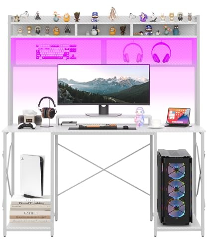 JUMMICO Gaming Table 120 x 60 x 162 cm avec Port USB et Prise électrique, Bureau Informatique avec étagère et Support d'écran éclairage LED, Table PC pour Bureau à Domicile (Blanc)