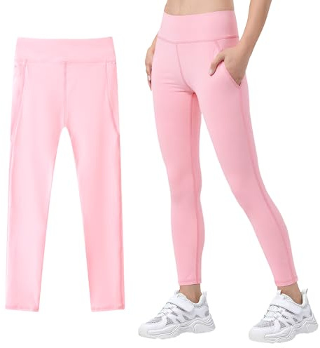 JinBei Sportleggings, flickor, långa sport, yogabyxor med 2 fickor, löparbyxor, hög midja, elastiska barn, ventilerande sportbyxor, gymnastik, jogging, träning, långa byxor för 5–11 år, GR.110–152