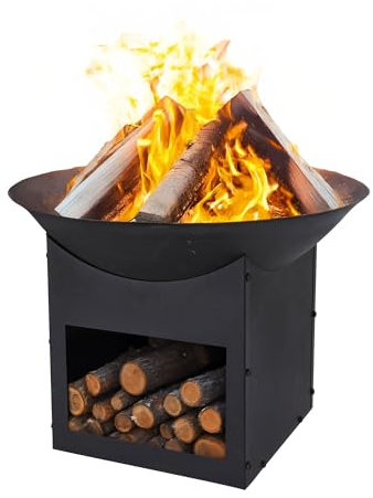 JSH Large 57cm Dia. Modern Square Fire Pit for Outdoors Garden and Patio | Round Black Metal Brazier | Durable | Multi-Purpose & Functional | Easy To Assemble | Lightweight Wood Burner With Log Store
