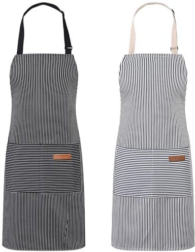 Livdouyu 2 Stück Schürze Kochschürze Verstellbare Küchenschürze mit Taschen | Frauen und Männer Kittelschürze,Baumwolle Schürze,gestreiftes Design,zum Kochen, Malen, Backen, Hausarbeiten