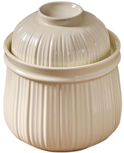 Simple Vertical Striped Kimchi Jar, Water Seal Design Pickling Crock, Thickened Ceramic Fermentation Jar, Grain Storage Vessel